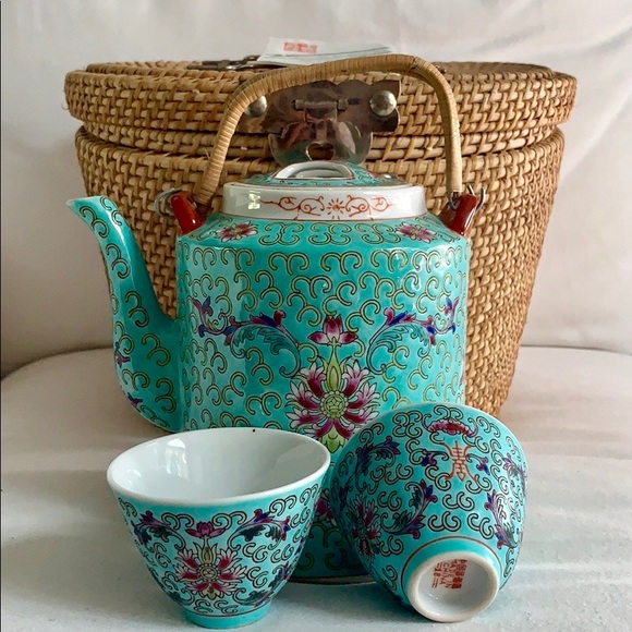 Chinese Tea Set In Wicker Basket Basket Poster